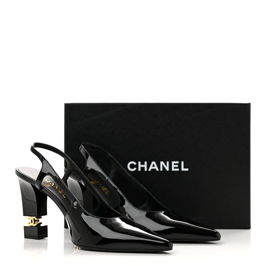 Patent Calfskin Slingback CC Cutout Pumps 40 Black