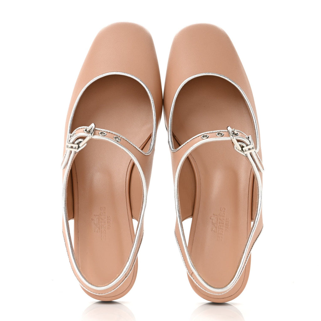 Goatskin Metallic Nappa Kleo Slingback Flats 37 Beige Perlino Gris Argente