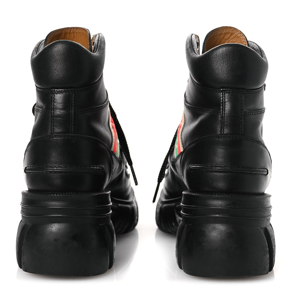 Quebec Calfskin Web Womens Interlocking G Lace Up Combat Boots 38 Black Mystic White Green Red