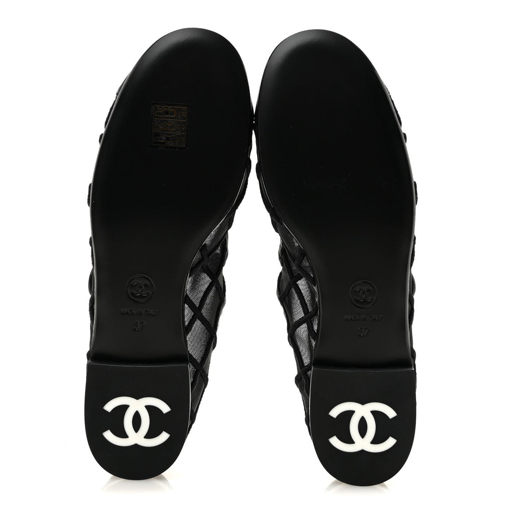 Lambskin Fabric Mesh Quilted Mary Jane Cap Toe Flats 37 Black