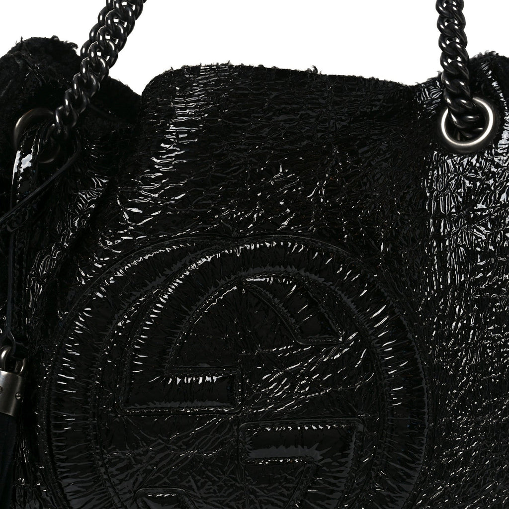 Patent Shearling Medium Soho Chain Shoulder Bag Black