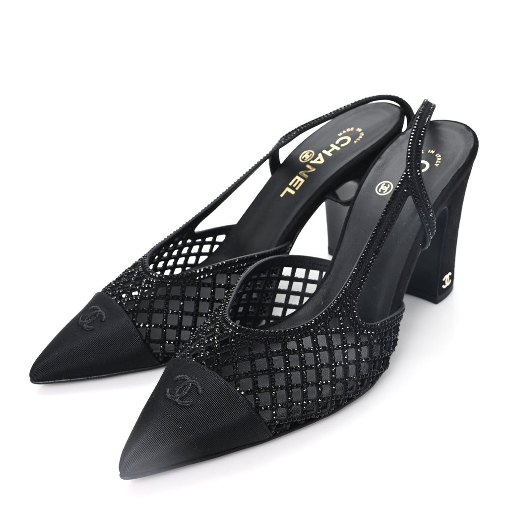 Suede Strass Grosgrain Cap Toe CC Slingback Pumps 39 Black