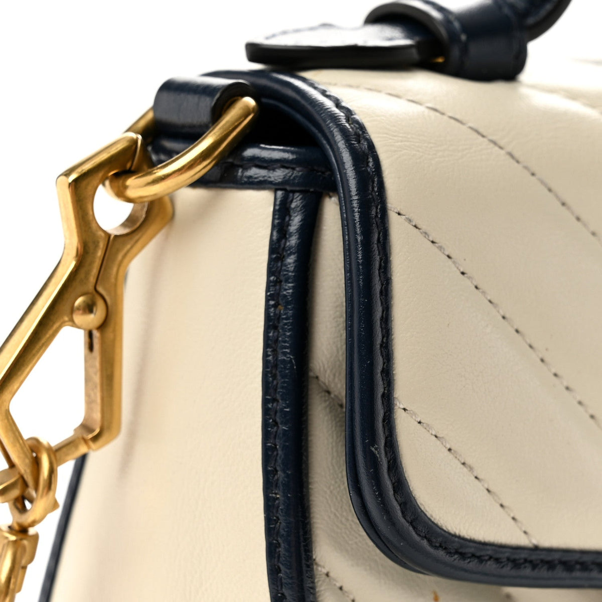 Vintage Effect Calfskin Matelasse Diagonal Mini Torchon GG Marmont Top Handle Shoulder Bag Mystic White Blue Agata