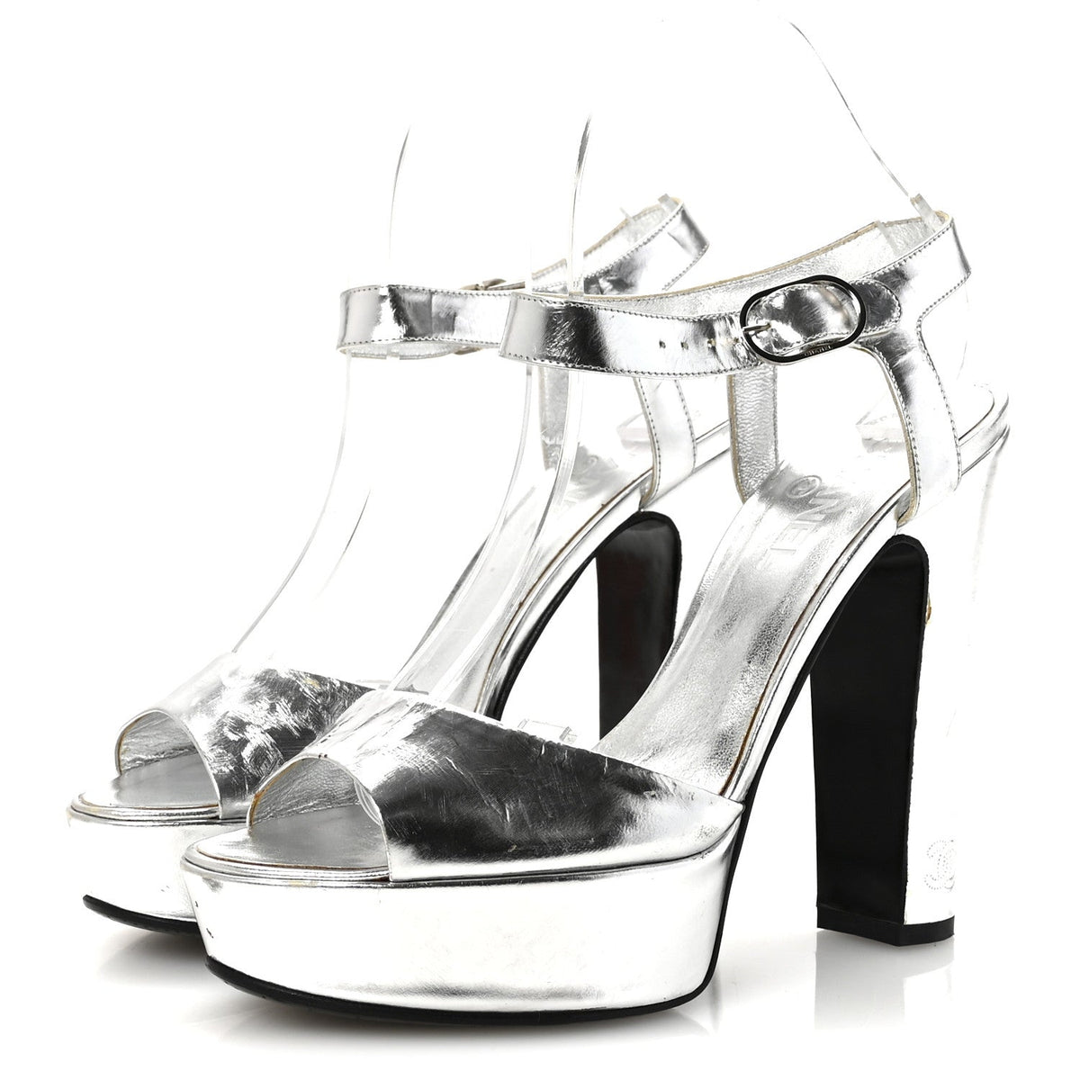 Metallic Laminated Calfskin CC Platform Sandals 40 Silver