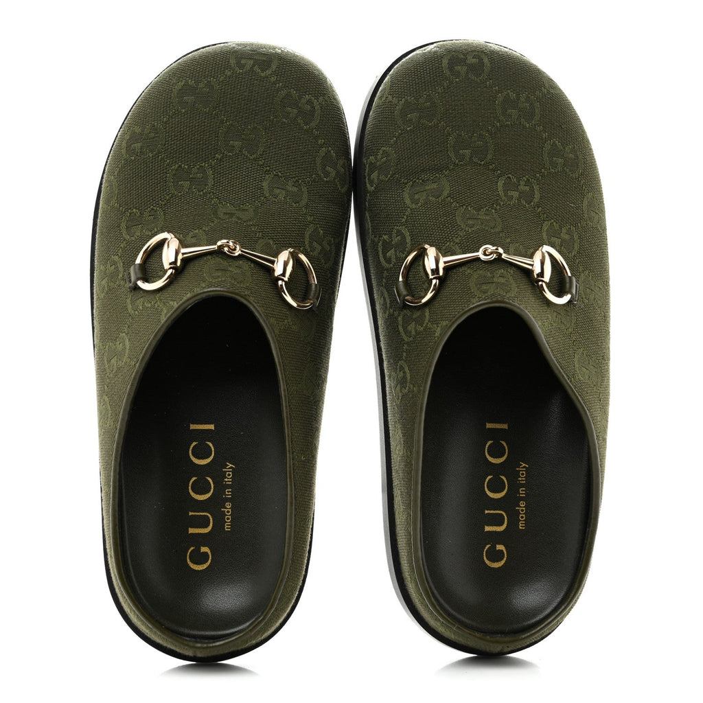 New Canvas Monogram GG Granada Kid Womens Horsebit Mules 35.5 Green