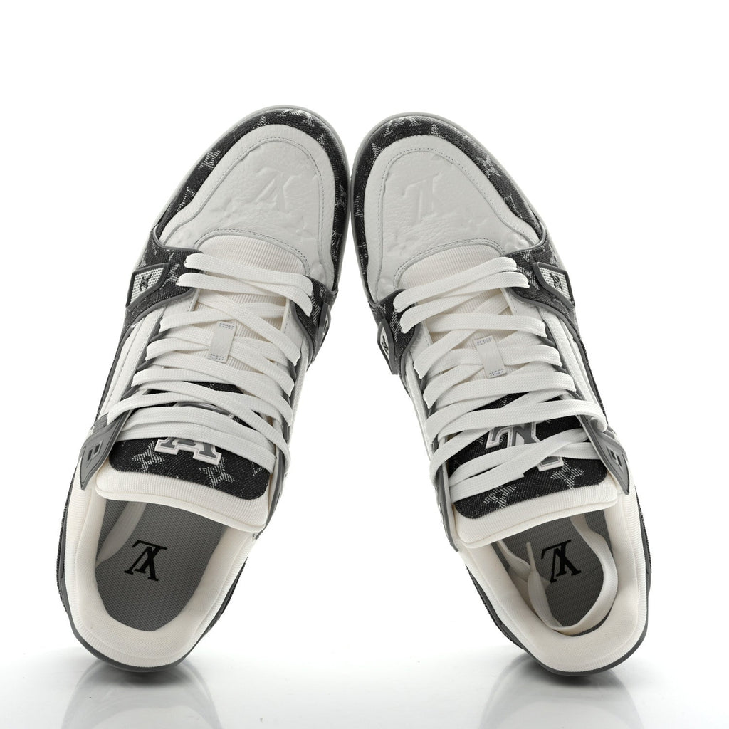 Calfskin Embossed Monogram Denim Mens LV Trainer Sneakers 11 Grey