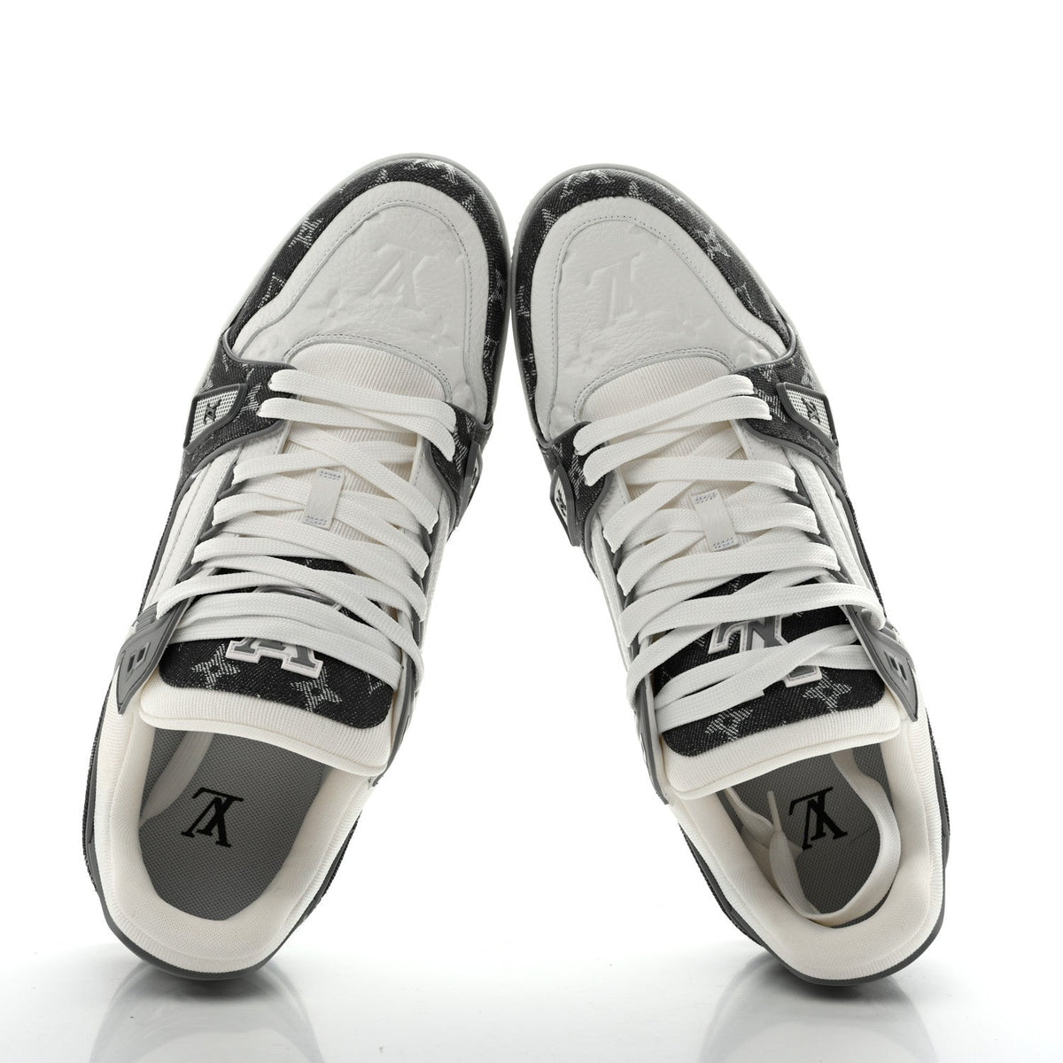 Calfskin Embossed Monogram Denim Mens LV Trainer Sneakers 11 Grey