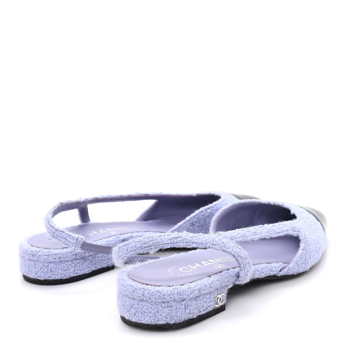 Iridescent Wool Tweed Patent Cap Toe CC Slingback Flats 36.5 Light Purple Silver Black