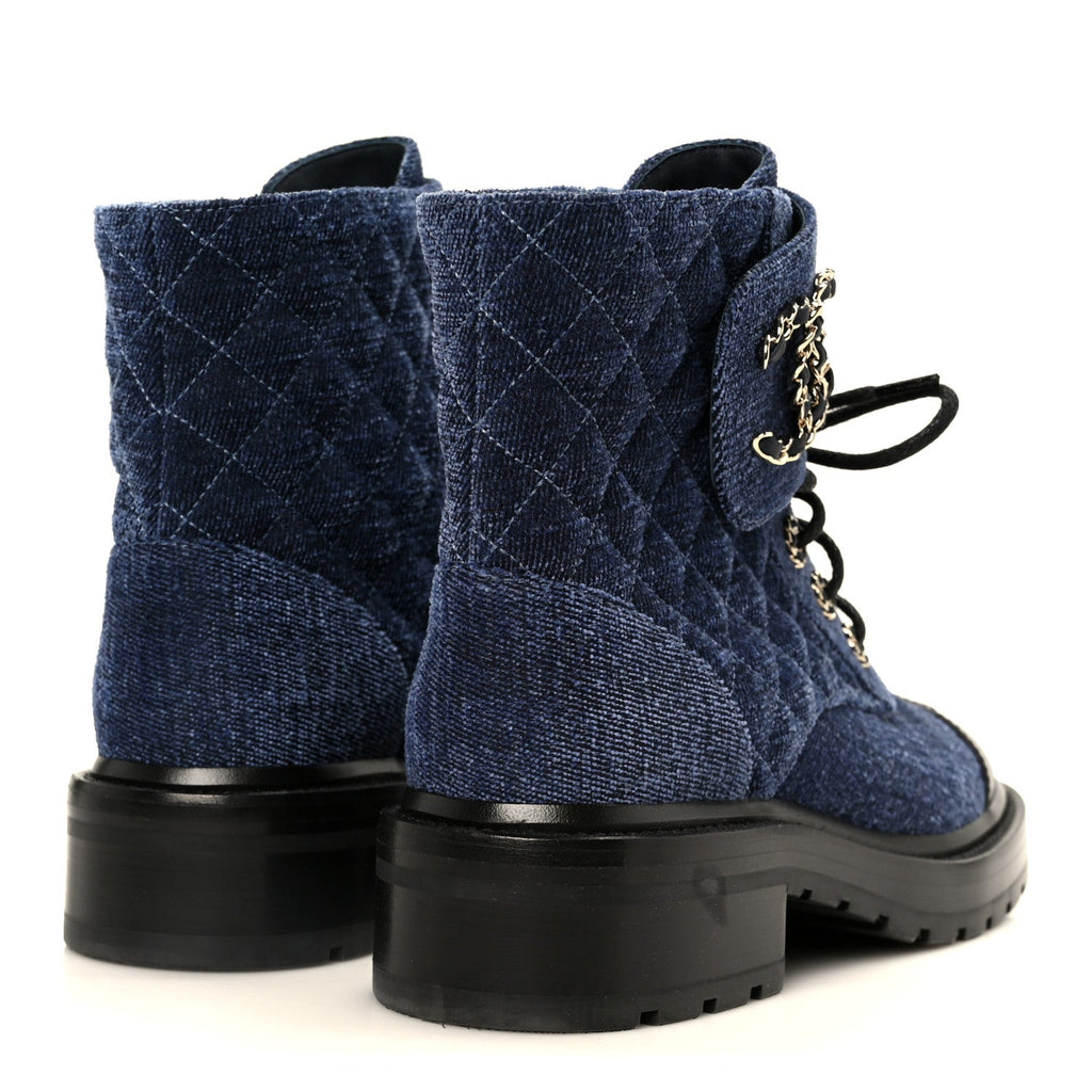 Shiny Calfskin Velvet Quilted Lace Up Combat Boots 37 Blue