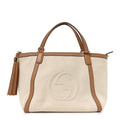 Linen Canvas Pebbled Calfskin Small Soho Top Handle Bag White Camelia