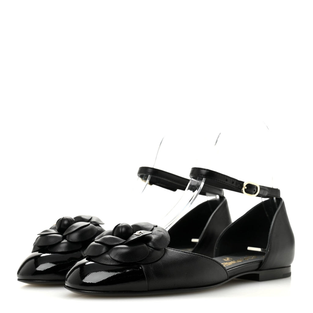 Lambskin Patent Calfskin Cap Toe Camellia Mary Jane Flats 36 Black