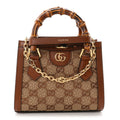 New Canvas Charisma Calfskin Crystal GG Monogram Mini Diana Tote Bag Camel Ebony