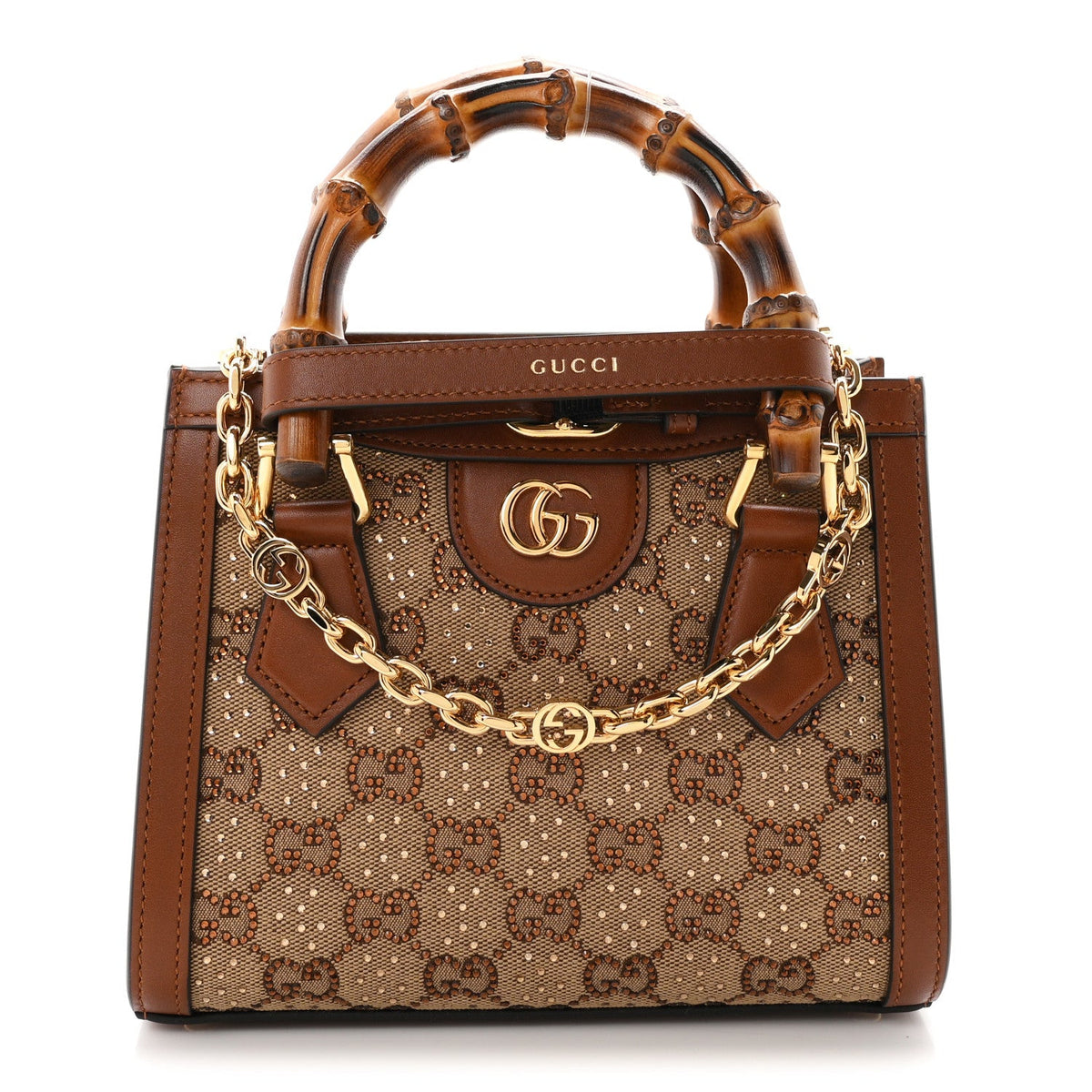 New Canvas Charisma Calfskin Crystal GG Monogram Mini Diana Tote Bag Camel Ebony