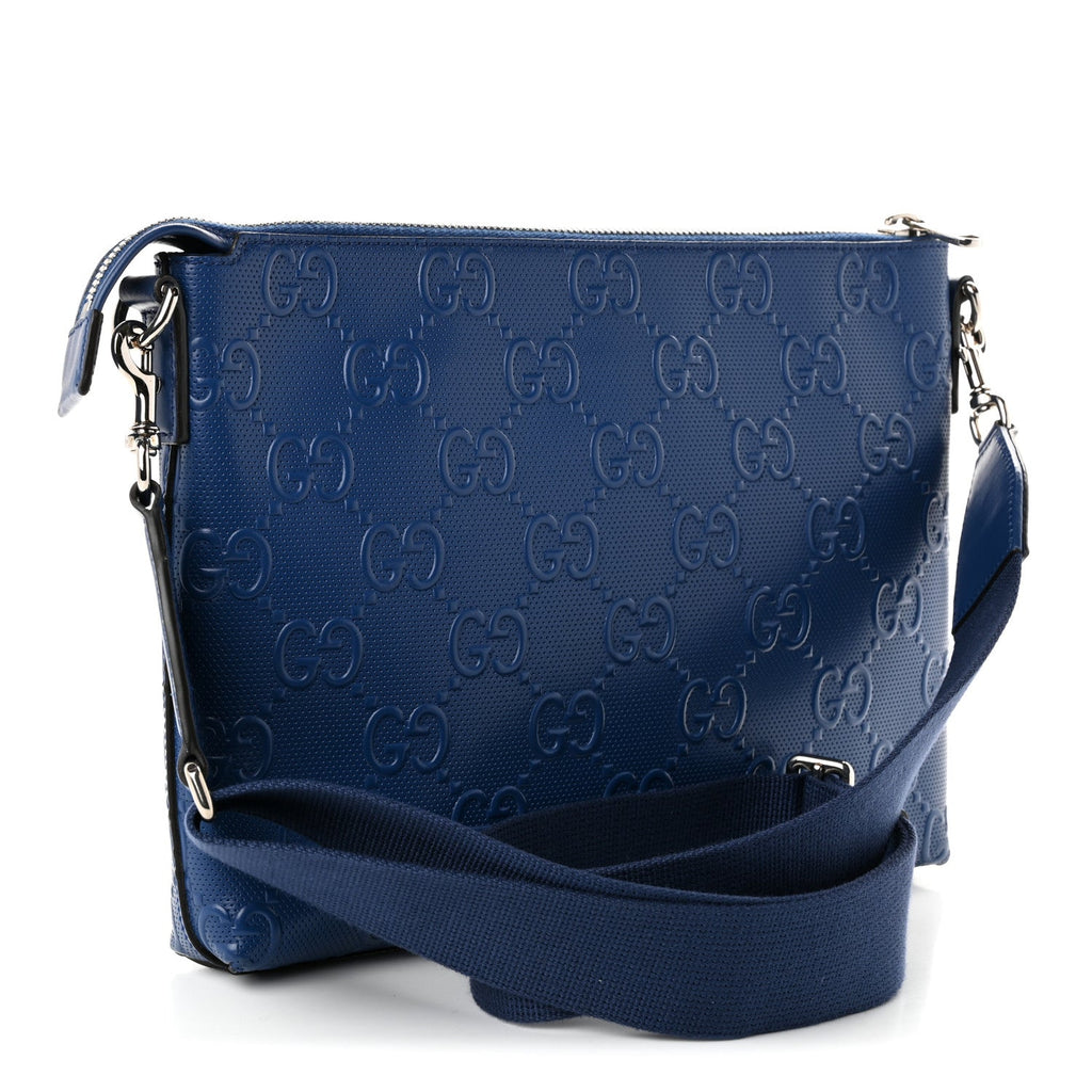 Calfskin GG Tennis Embossed Medium Wristlet Messenger Bag Intense Metal Blue