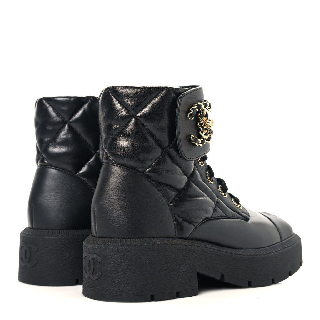 Lambskin Calfskin Quilted Lace Up Combat Boots 36.5 Black