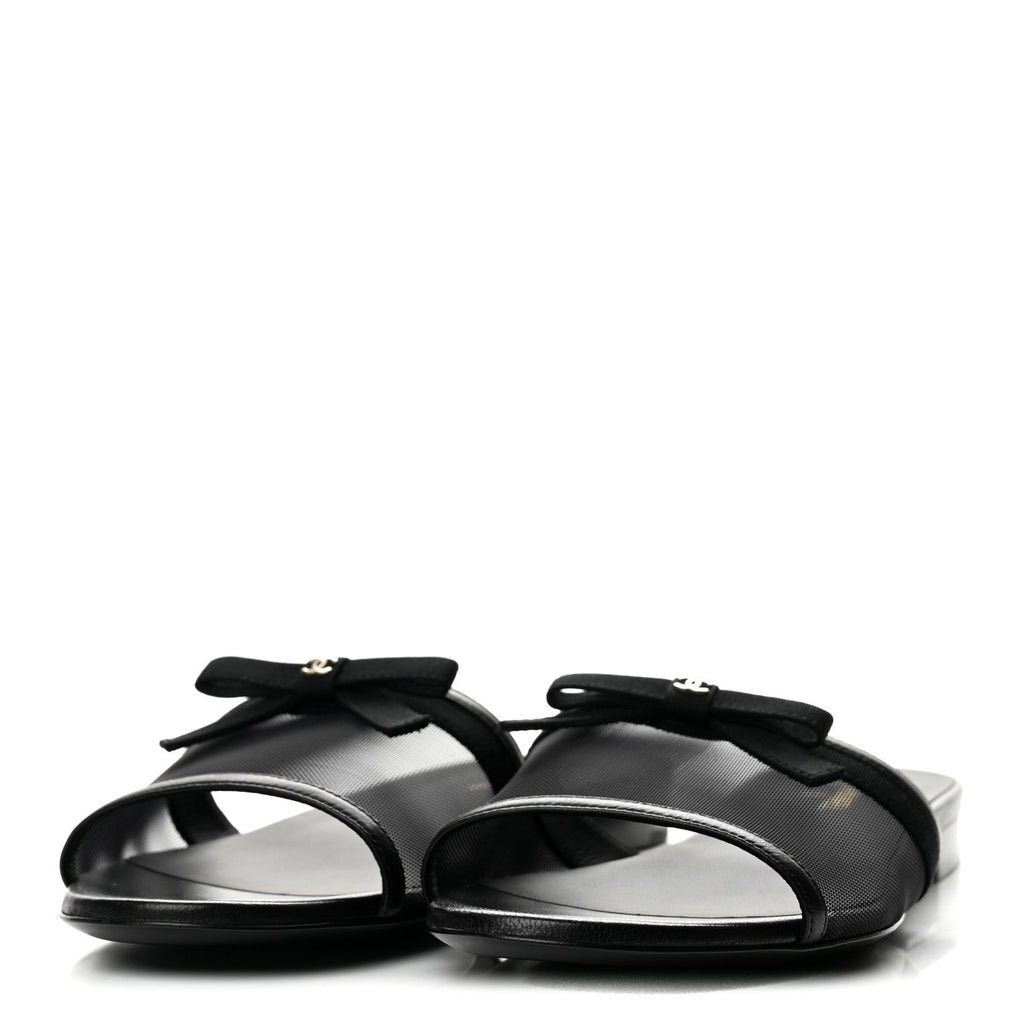 Mesh Lambskin CC Bow Mules 40 Black