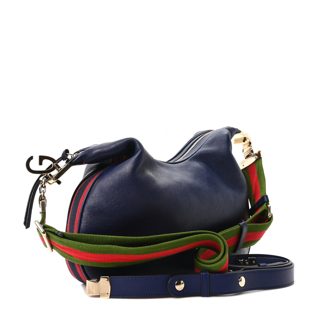 Aria Calfskin Web Large Attache Shoulder Bag Navy