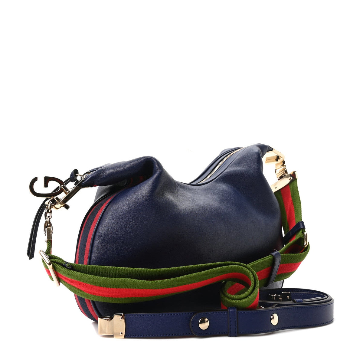 Aria Calfskin Web Large Attache Shoulder Bag Navy
