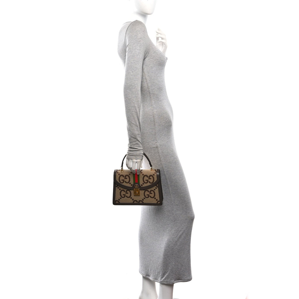 Monogram Jumbo GG Textured Dollar Calfskin Web Small Ophidia Padlock Top Handle Bag Camel Ebony New Acero