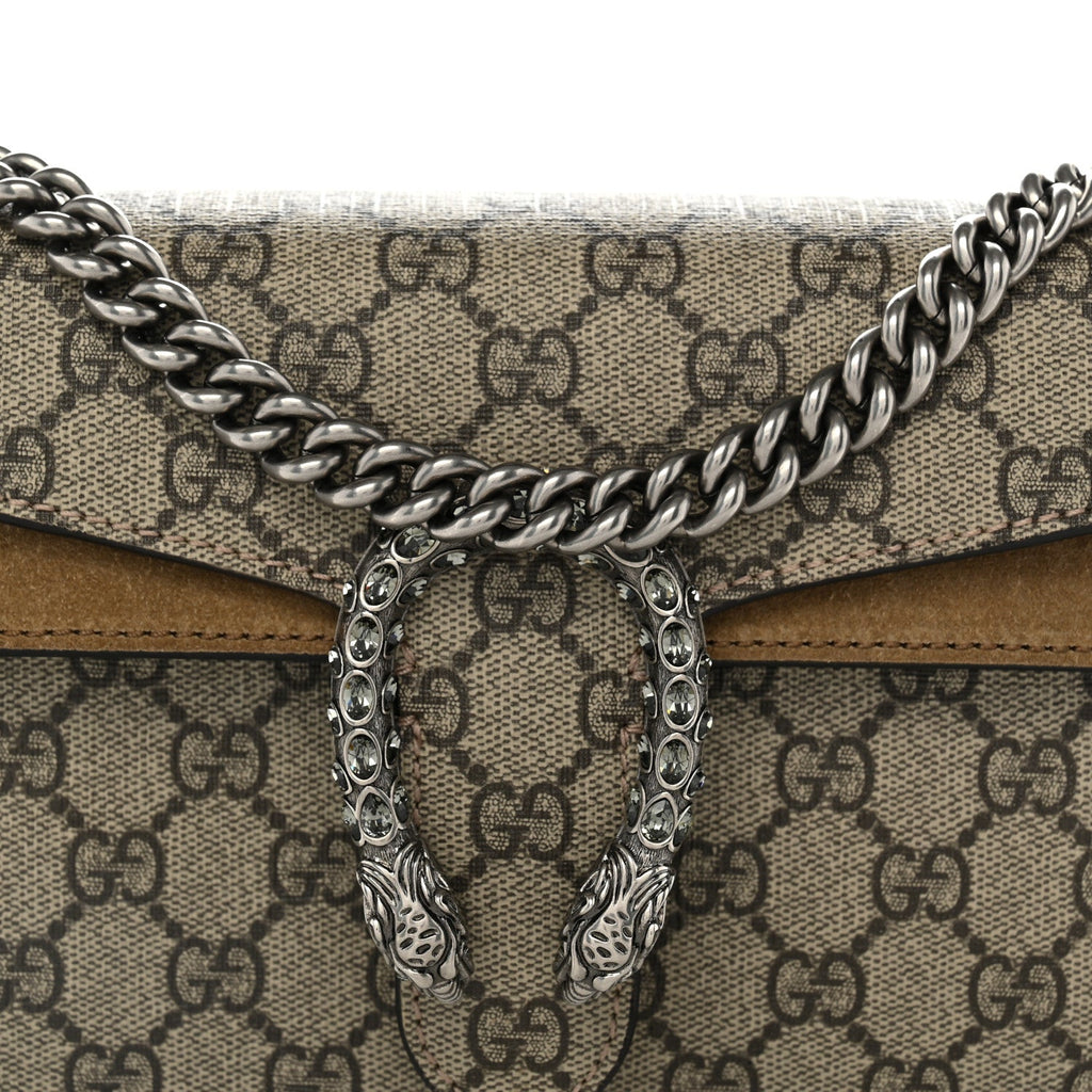 GG Supreme Monogram Suede Crystal Small Dionysus Shoulder Bag Beige Ebony Taupe