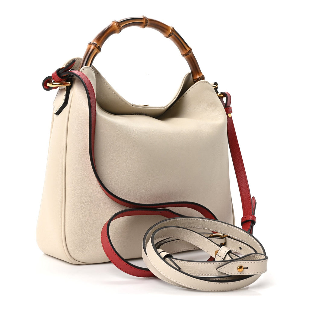 Softy Wonka Textured Dollar Calfskin Medium Diana Bamboo Shoulder Bag Mystic White Hibiscus Red