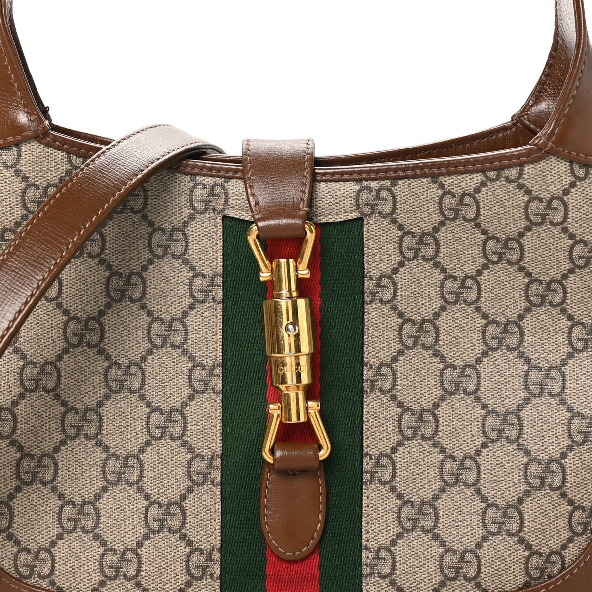 GG Supreme Monogram Azalea Calfskin Web Small Jackie 1961 Hobo Beige Ebony Brown Sugar