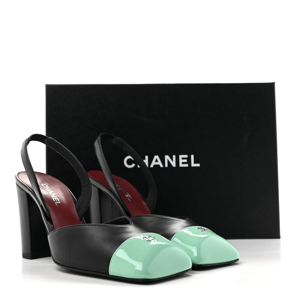 Lambskin Patent Calfskin Square Cap Toe CC Slingback Pumps 36.5 Black Green