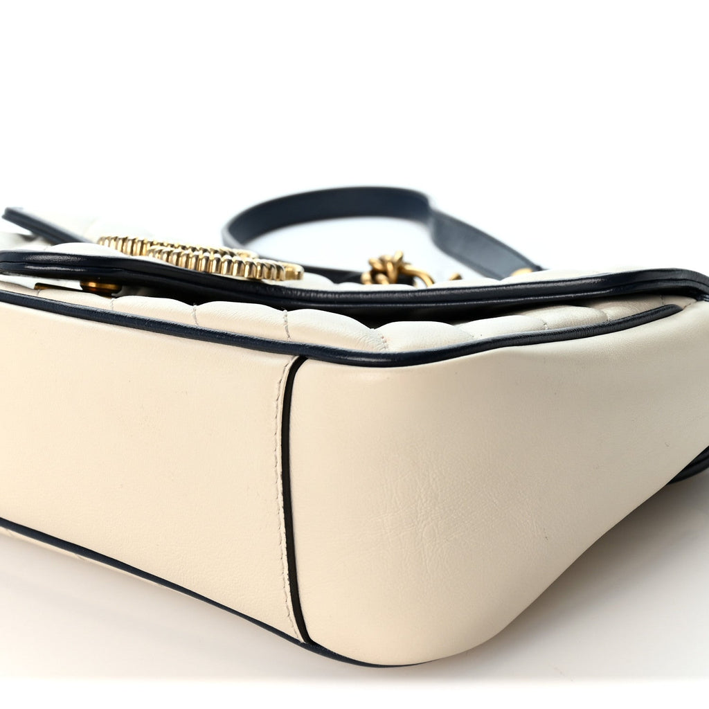 Vintage Effect Calfskin Matelasse Diagonal Small Torchon GG Marmont Shoulder Bag Mystic White Blue Agata