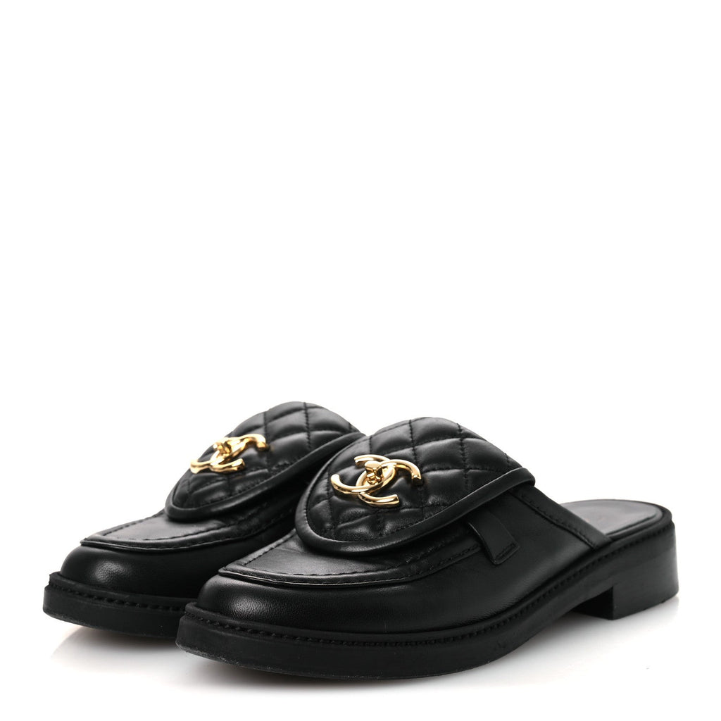Lambskin Quilted CC Turnlock Mules 36.5 Black