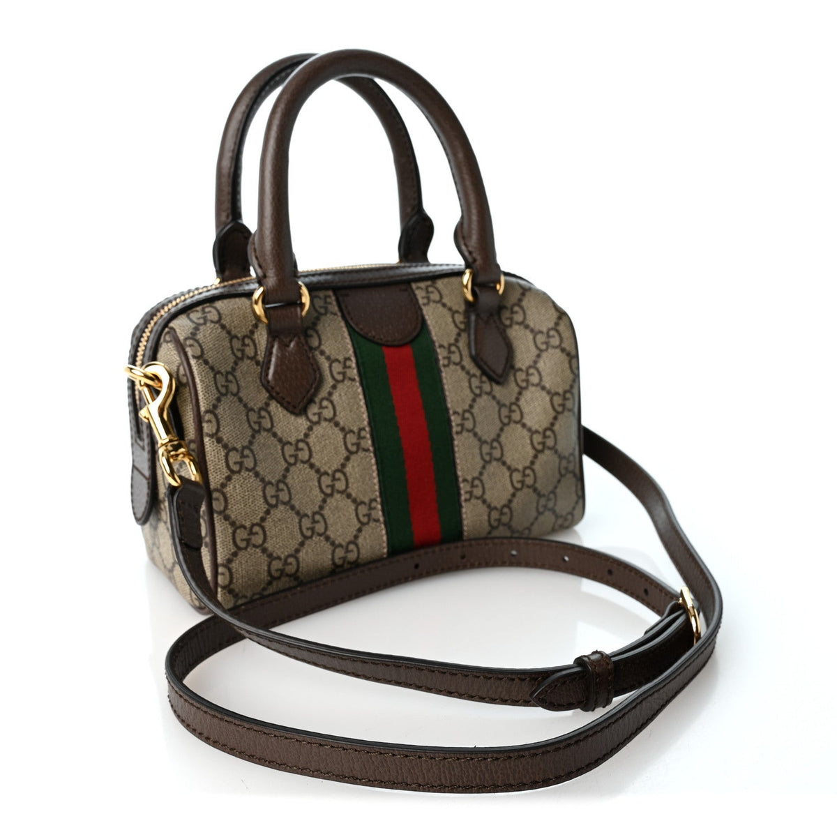 GG Supreme Monogram Textured Dollar Calfskin Web Mini Ophidia Top Handle Bag Beige Ebony New Acero