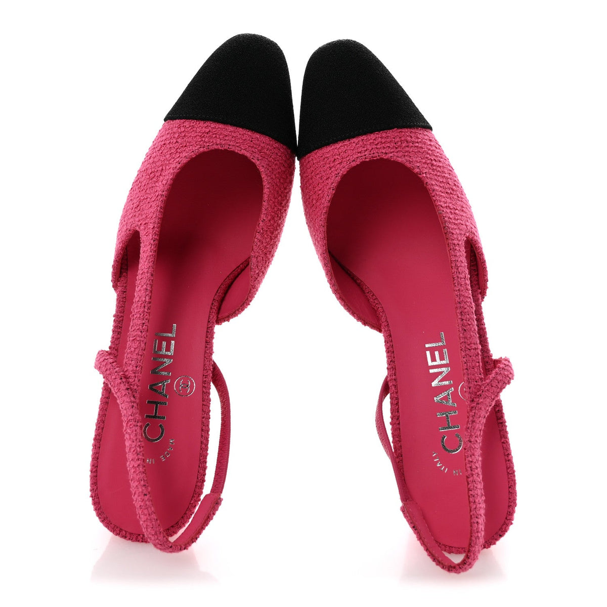 Tweed Grosgrain Cap Toe CC Slingback Pumps 37 Pink Black