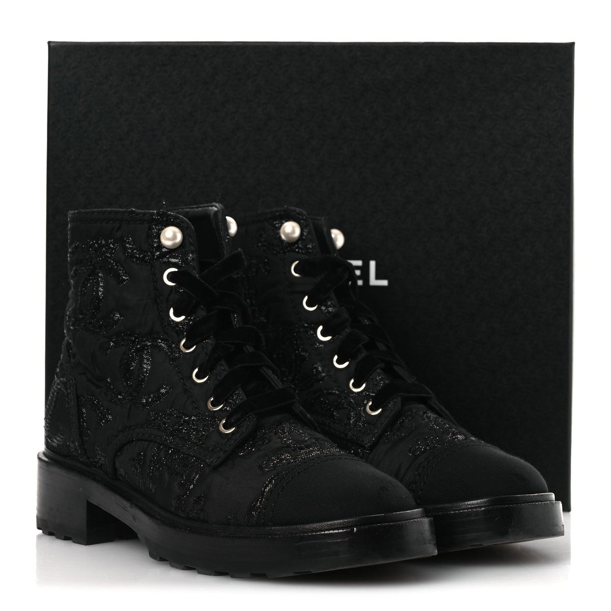 Grosgrain Tweed Pearl CC Combat Short Boots 39 Black
