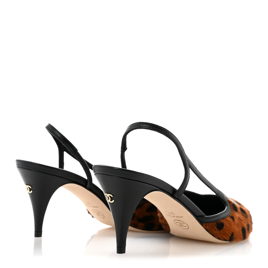 Lambskin Mixed Fibers Cap Toe CC Slingback Pumps 37 White Brown Black