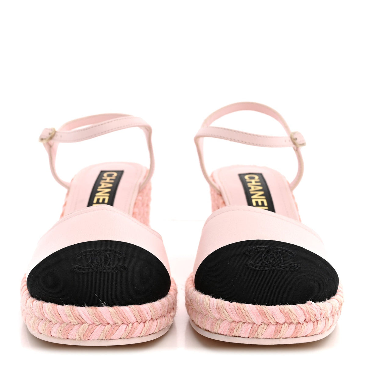 Lambskin Grosgrain CC Espadrilles Wedges 38 Pink Black