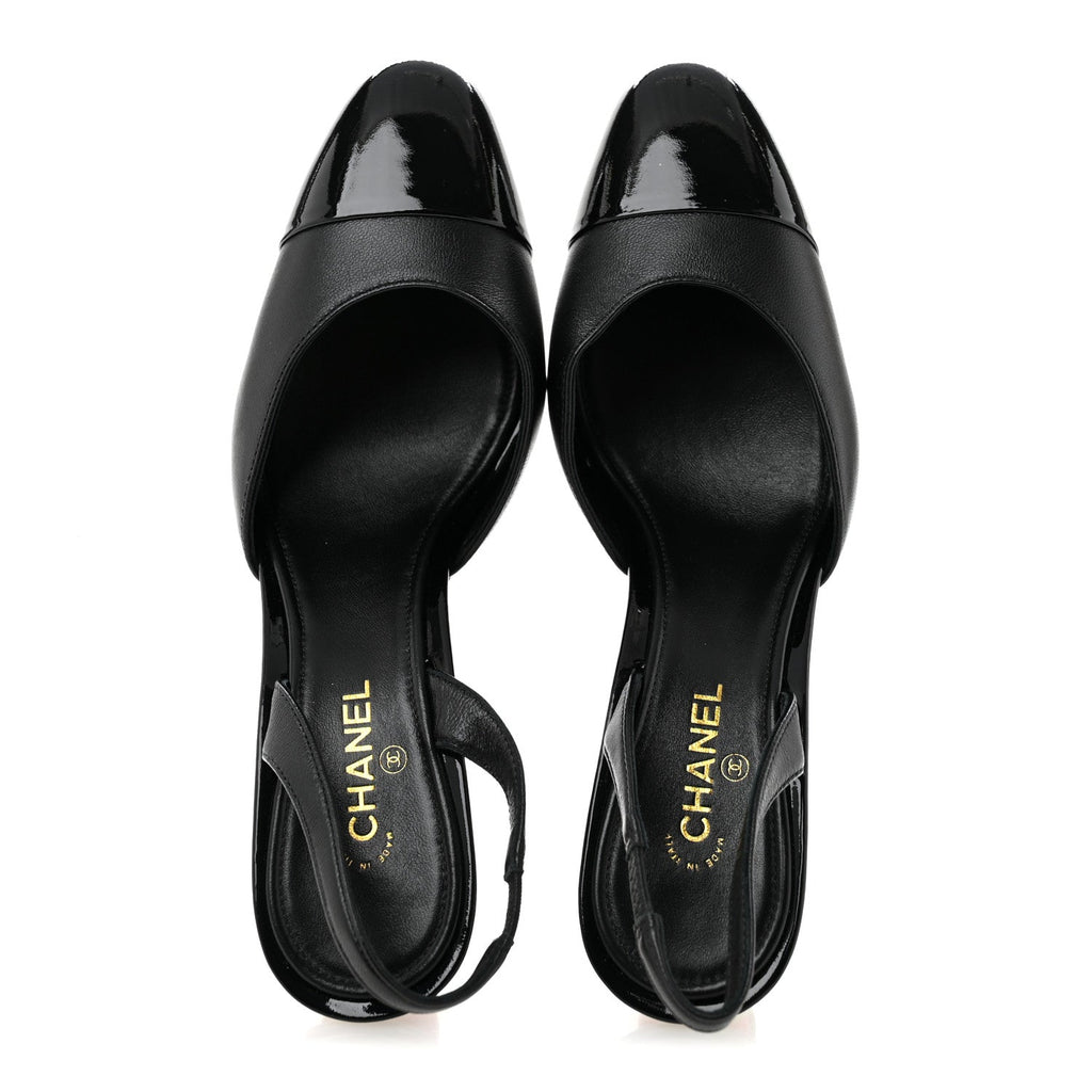 Lambskin Patent Cap Toe CC Apple Slingback Pumps 37 Black