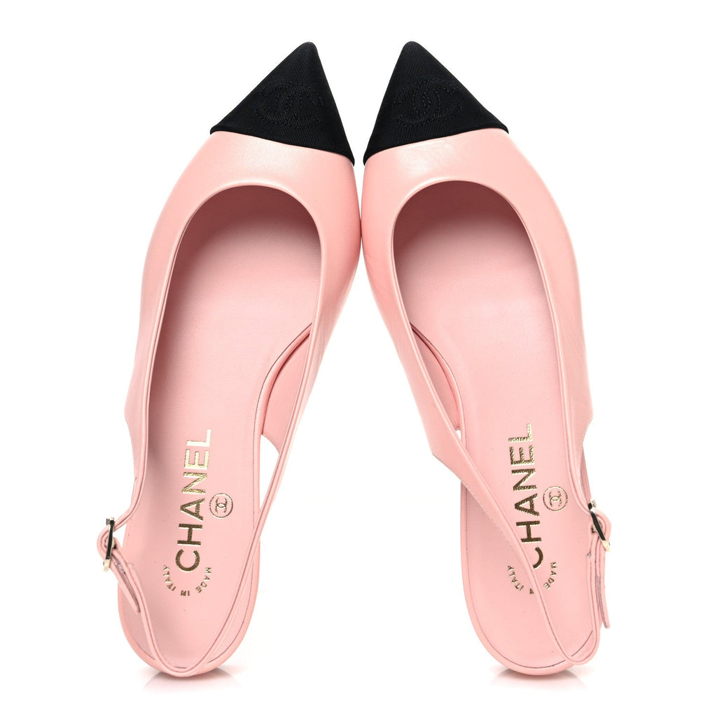 Goatskin Grosgrain Pointed Toe CC Slingback Flats 37 Pink Black