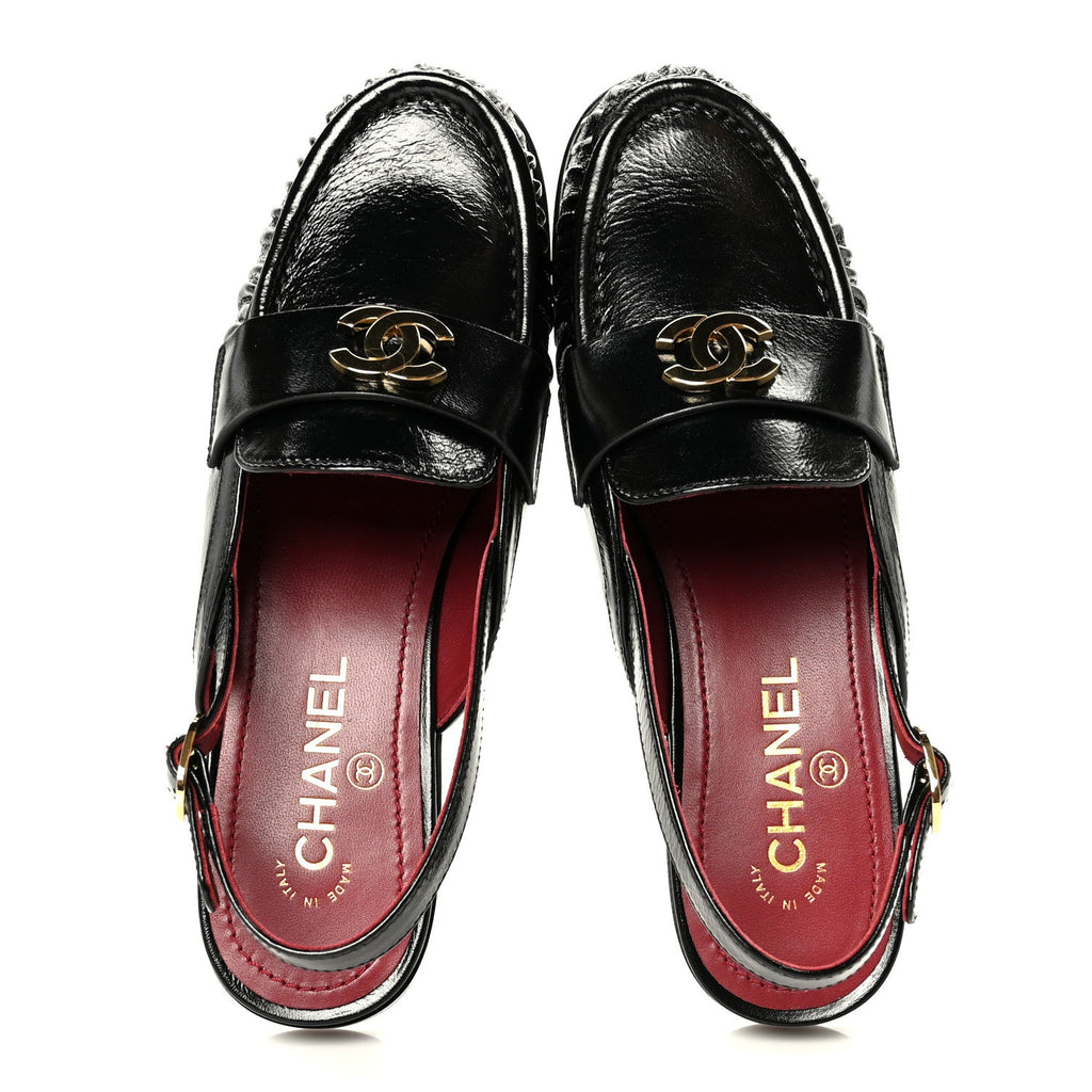Crumpled Shiny Lambskin CC Slingback Mocassin 38.5 Black