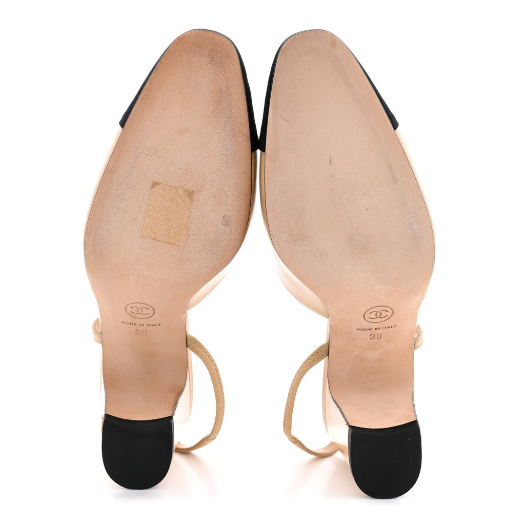 Goatskin Grosgrain Cap Toe CC Slingback Pumps 38 Beige Black