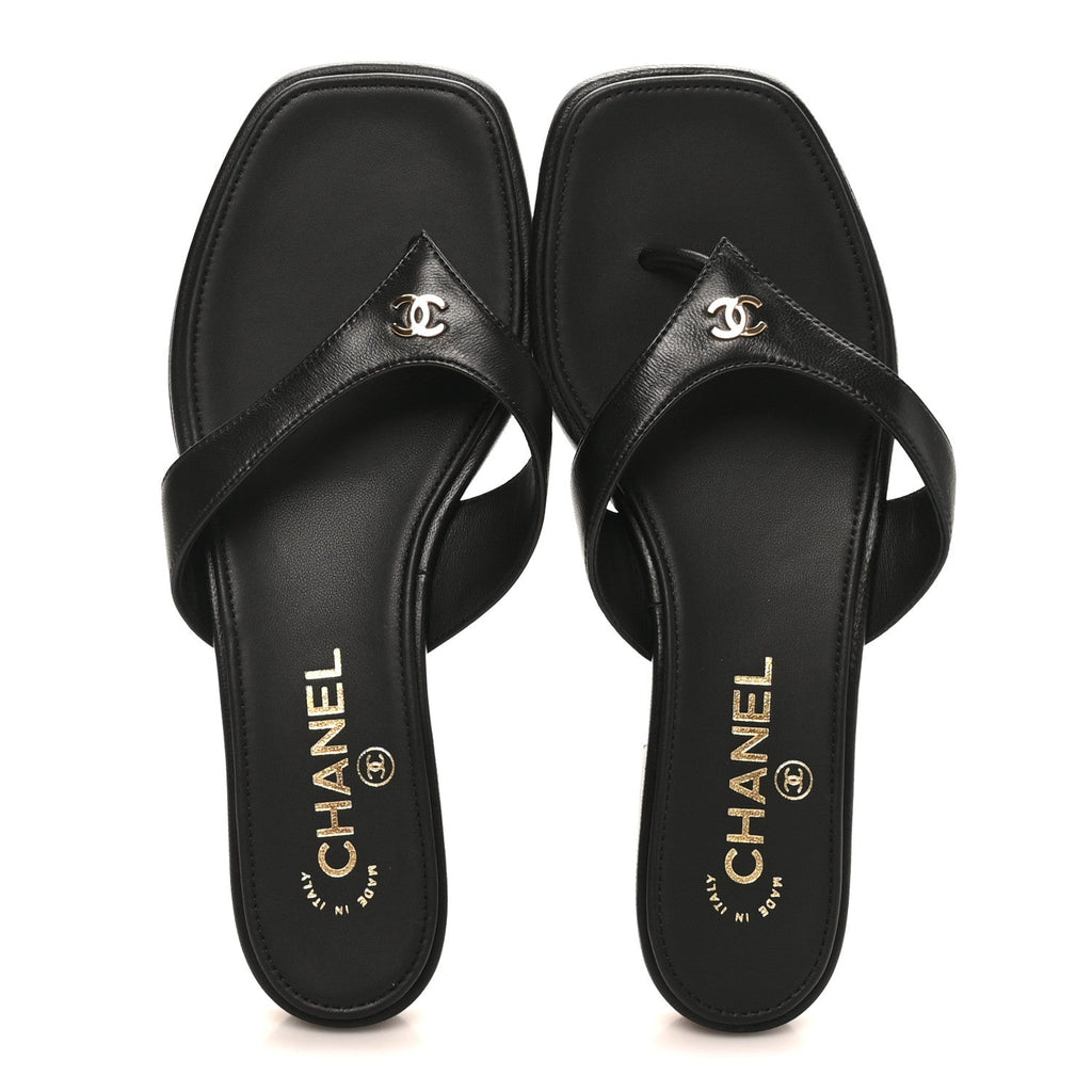 Lambskin CC Thong Sandals 37 Black