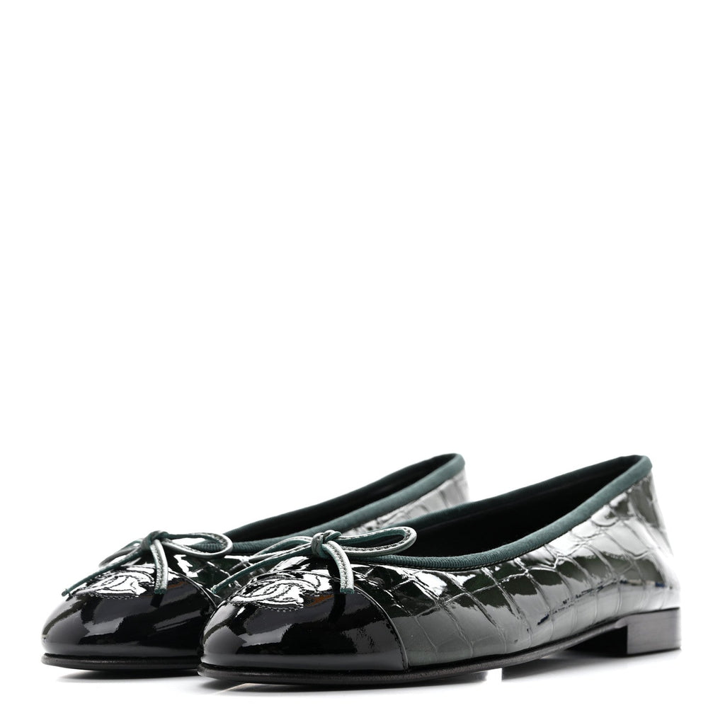 Crocodile Embossed Patent Calfskin Cap Toe CC Ballerina Flats 35.5 Dark Green Black