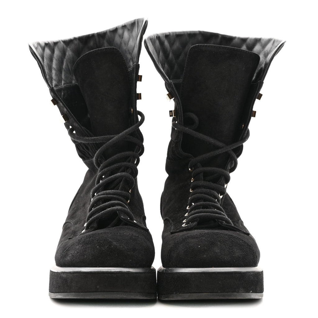 Suede Quilted Lace Up Combat Boots 38.5 Black