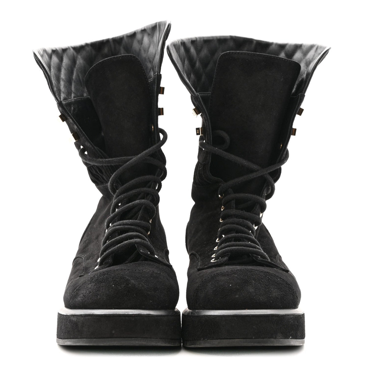 Suede Quilted Lace Up Combat Boots 38.5 Black