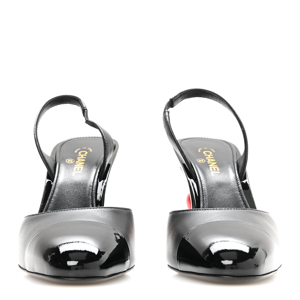 Lambskin Patent Calfskin Cap Toe CC Apple Slingback Pumps 37.5 Black