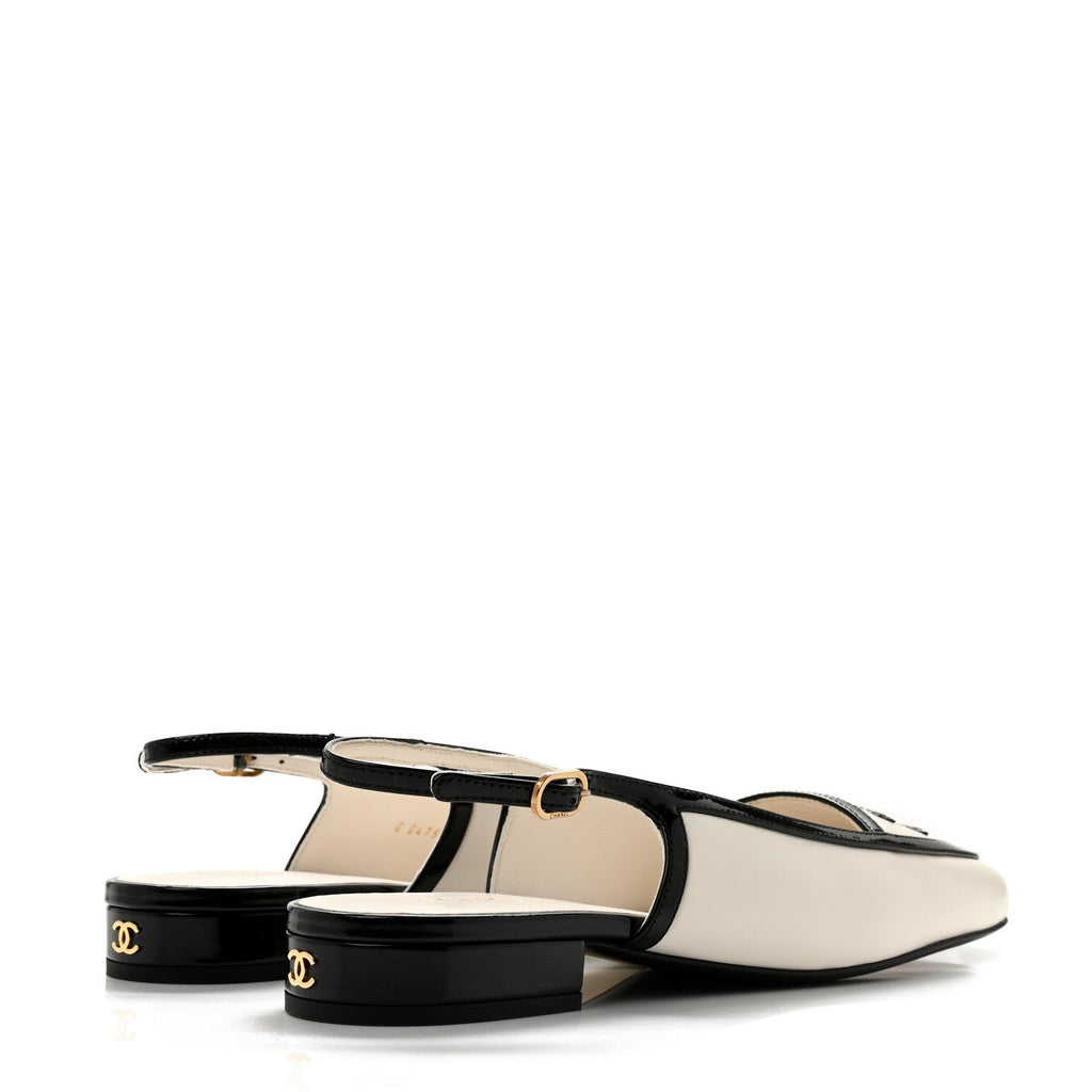 Lambskin Patent Calfskin CC Slingback Flats 37.5 White Black