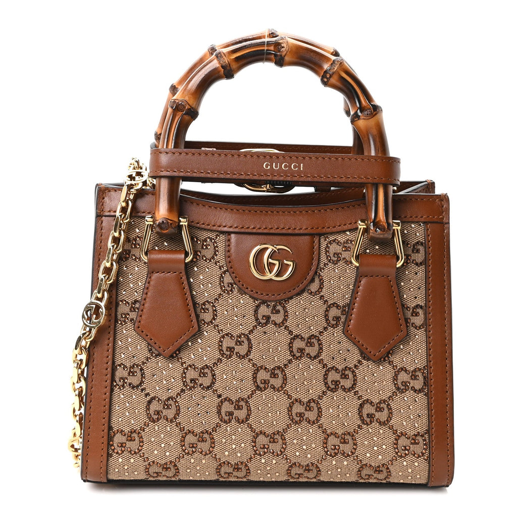 New Canvas Charisma Calfskin Crystal GG Monogram Mini Diana Tote Bag Camel Ebony