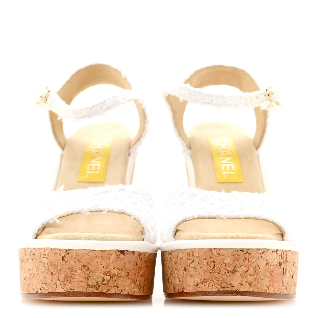Tweed Cork CC Wedge Sandals 36.5 White
