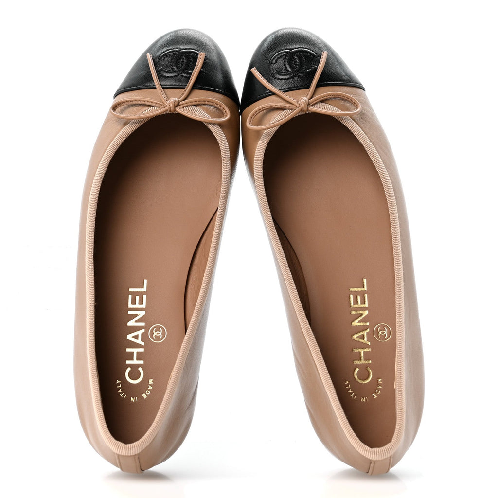 Lambskin Cap Toe CC Ballerina Flats 37 Dark Beige Black