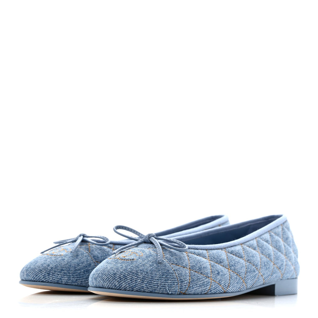 Denim Quilted CC Cap Toe Ballerina Flats 38.5 Light Blue