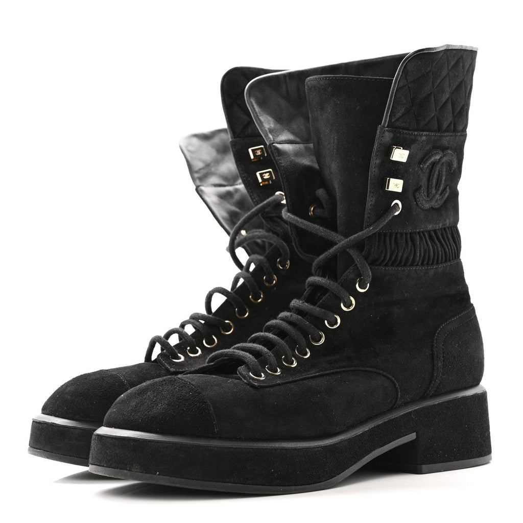Suede Quilted Lace Up Combat Boots 38.5 Black