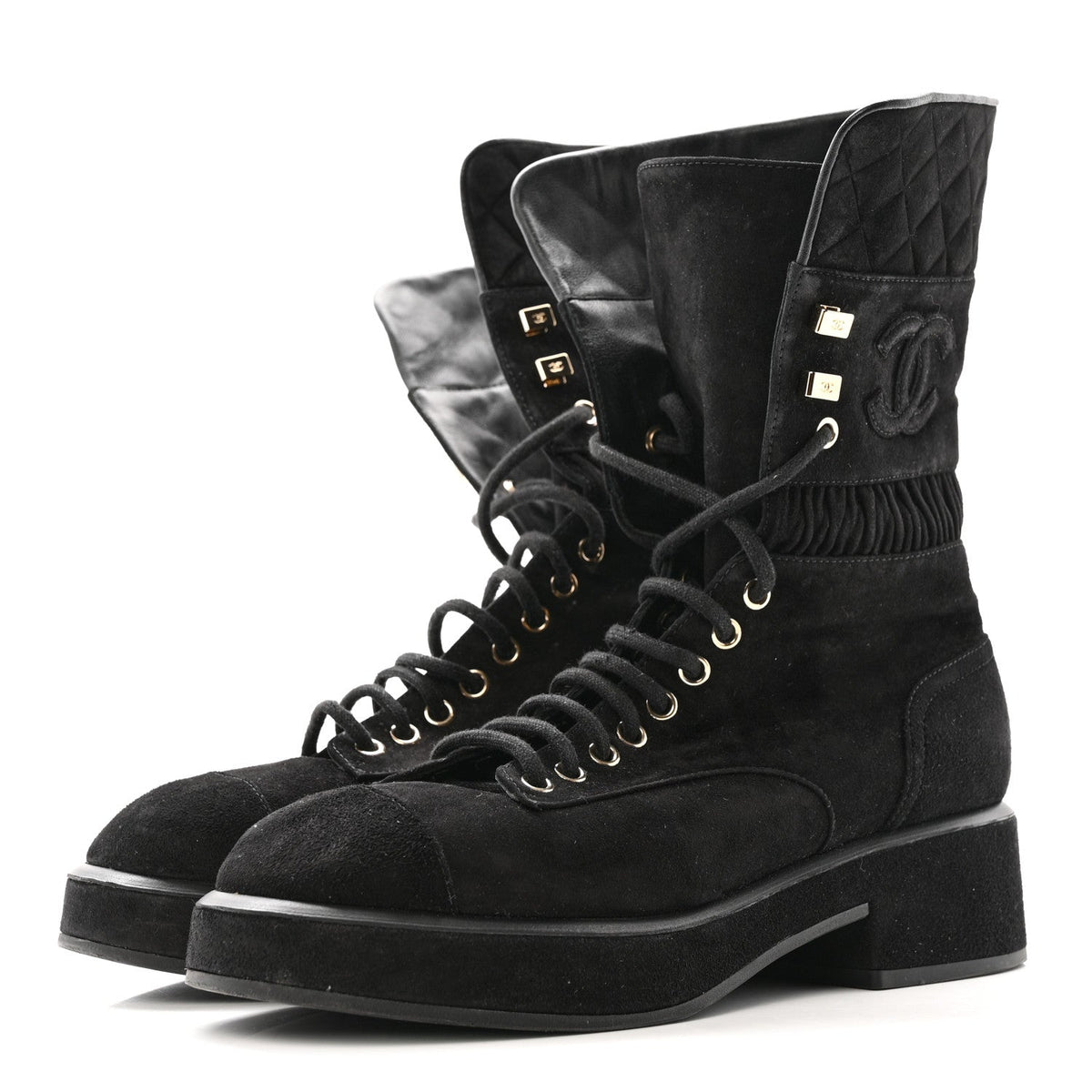 Suede Quilted Lace Up Combat Boots 38.5 Black